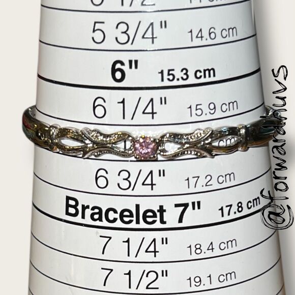 Silver-Plated Hinged Bracelet – Pink Cubic Zirconia - Ornate Center Pattern - Picture 9 of 12
